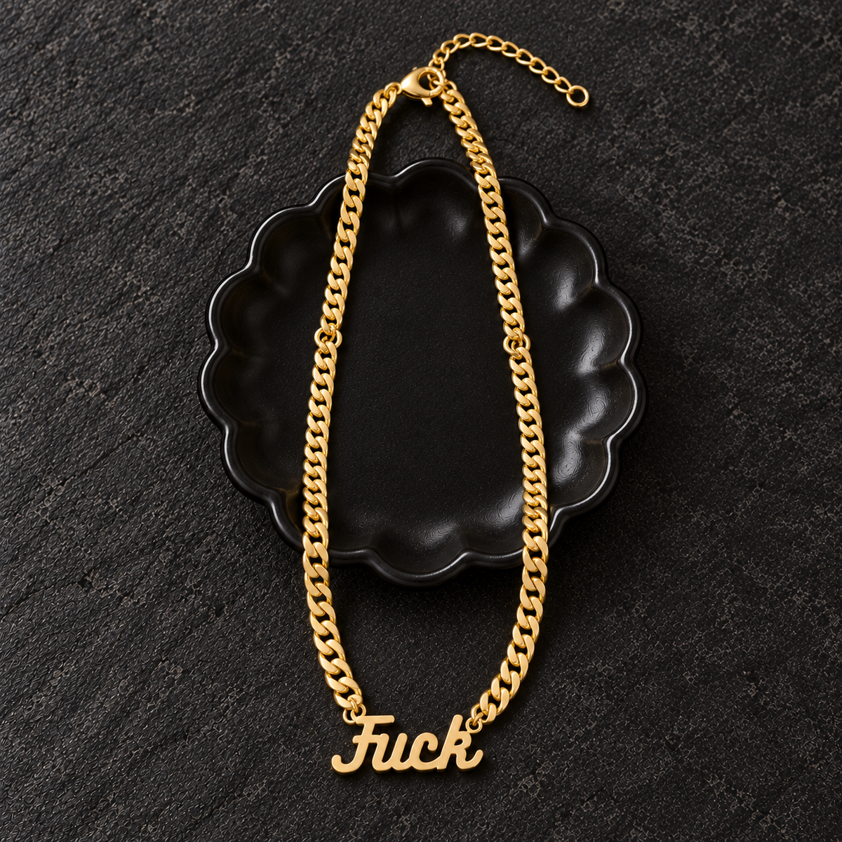 Gold Tone Script Necklace with Curb Chain | Edgy Statement Jewelry | Gift Packaging Included