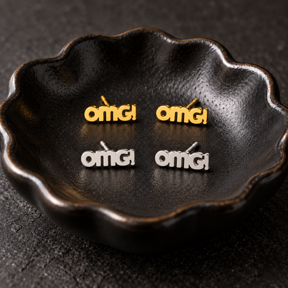 OMG Stud Earrings in Gold or Silver | Gift Packaging Included