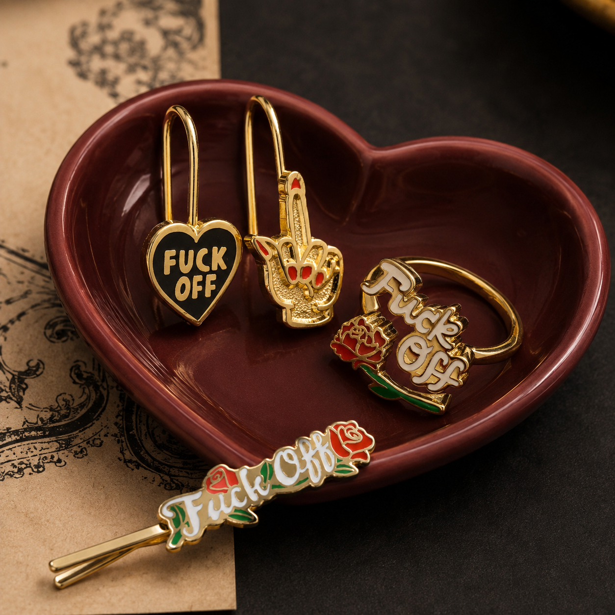 Rose Fuck Off in Style Collection | Ring, Hairpin & Earrings | Gift Packaging Included