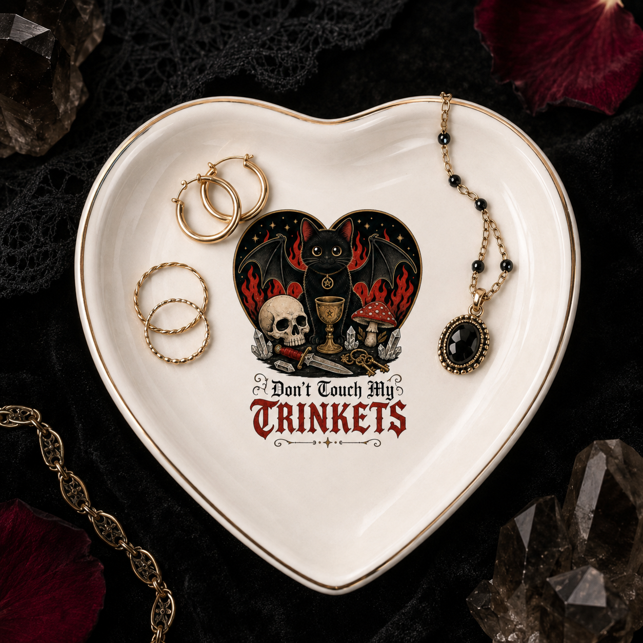 Don’t Touch My Trinkets Gothic Black Cat Heart Dish
