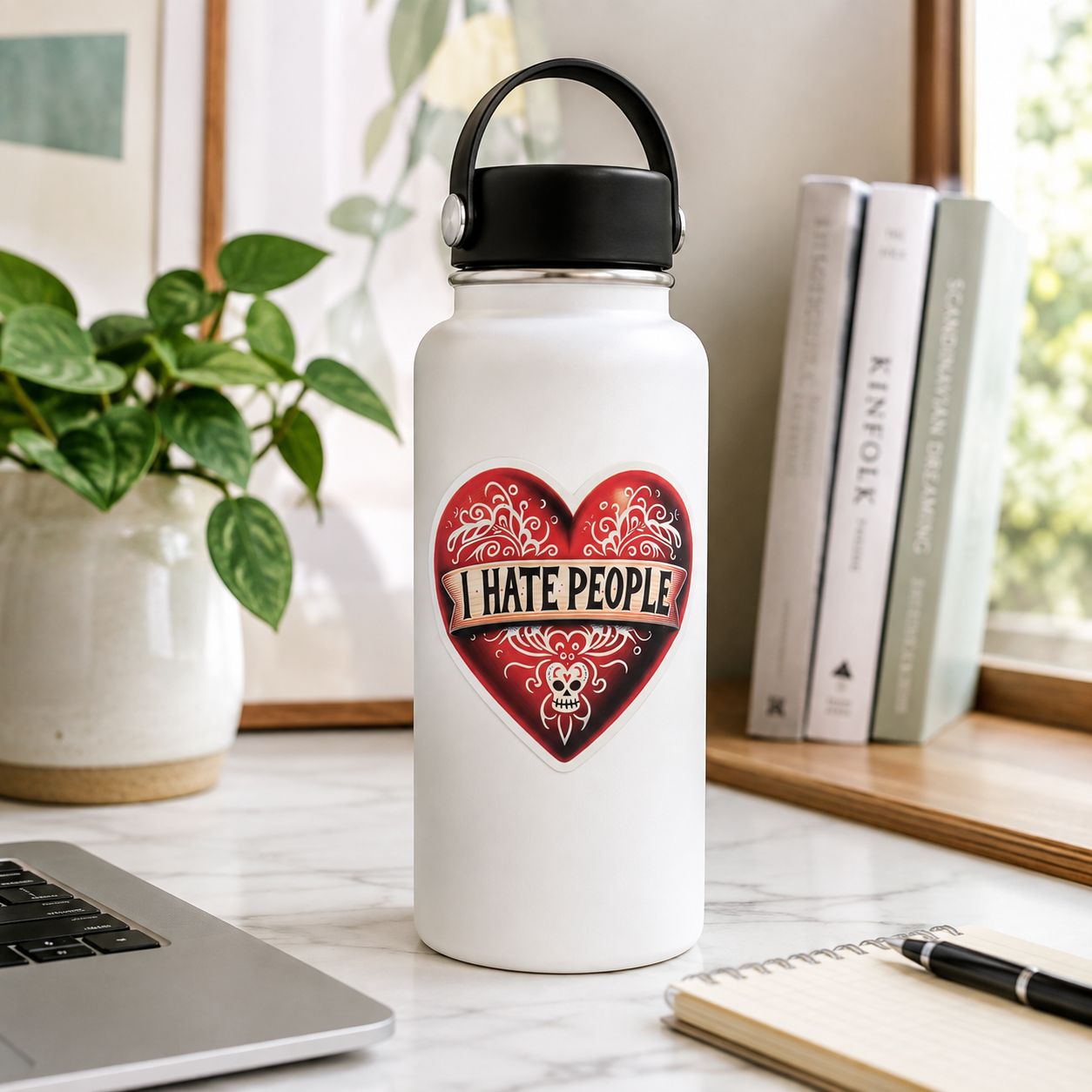 A white insulated water bottle with a black lid and handle sits on a marble desk in a bright room. The bottle has a red heart graphic with ornate detailing and the text 'I HATE PEOPLE' across the front.