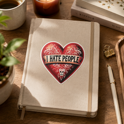 A beige fabric-covered notebook with an elastic closure band lies on a wooden desk. The front cover features a large red heart-shaped graphic with white ornamental details and the text 'I HATE PEOPLE' across the center.