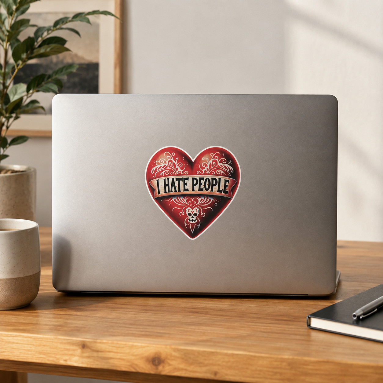 A red heart-shaped sticker with the text 'I HATE PEOPLE' and a skull motif, shown on the back of a silver laptop on a wooden desk in a styled room setting.