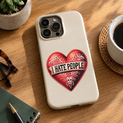 A cream-colored phone case featuring a red and black heart graphic with the text 'I HATE PEOPLE' and a small skull motif, shown on a wooden desk surrounded by lifestyle props like a coffee cup, notebook, and plant.