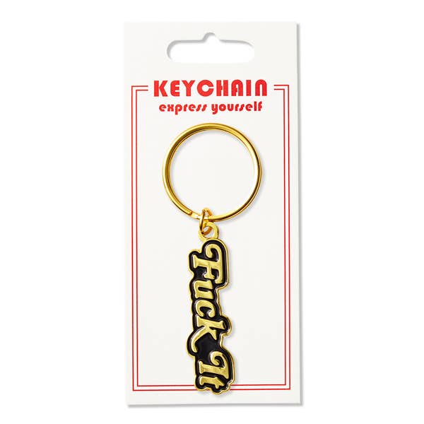 Keychain with 'F**k It' text on a white card with red border