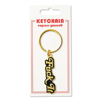 Keychain with 'F**k It' text on a white card with red border