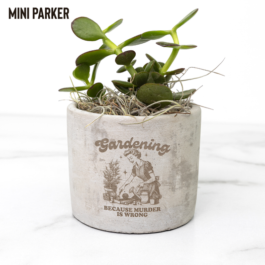 Laser Etched Desk Plant Pot Gift | Zebra Succulent, Jade, or Star Cactus | "Gardening Because Murder Is Wrong"