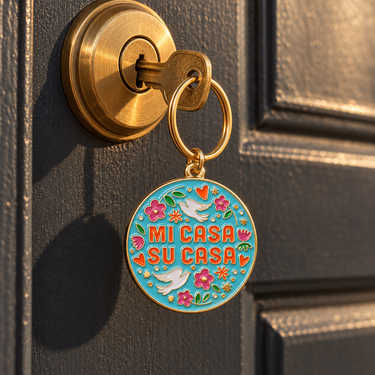 Mi Casa Su Casa Keychain, Turquoise Floral Keyring, Housewarming Gift