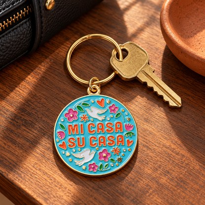 Mi Casa Su Casa Keychain, Turquoise Floral Keyring, Housewarming Gift