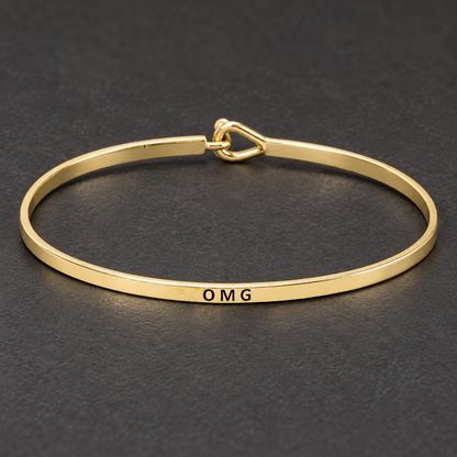 Gold Tone Engraved Thin Stackable Bangle Bracelet, OMG LOL IDK, Gift Packaging Included