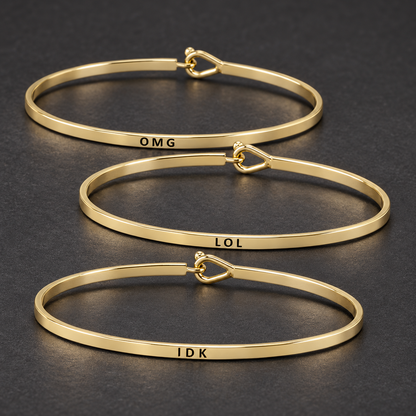 Gold Tone Engraved Thin Stackable Bangle Bracelet, OMG LOL IDK, Gift Packaging Included
