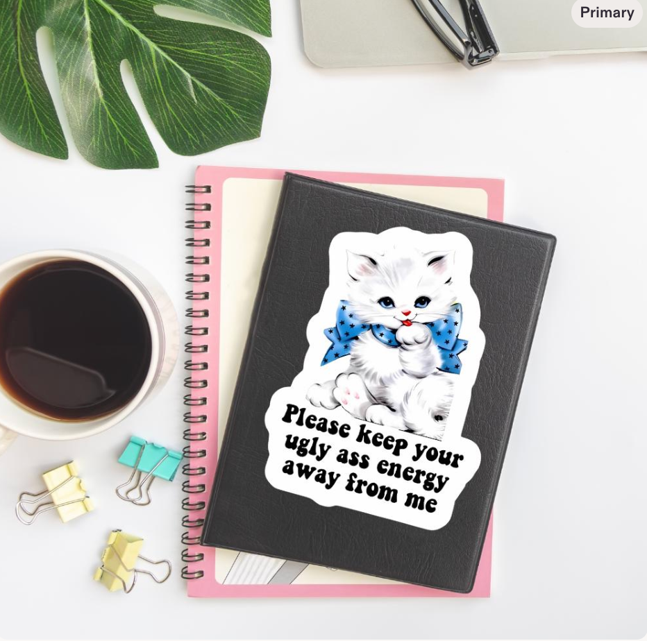 A black notebook with a die-cut sticker of a white kitten wearing a blue bow, placed on top of a pink spiral notebook. The sticker has the text 'Please keep your ugly ass energy away from me'.