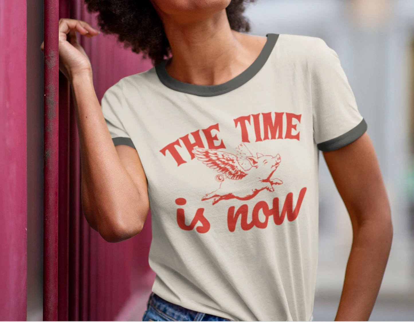 Vintage 'The Time is Now' Flying Pig Ringer T-Shirt - Limited Edition Colors