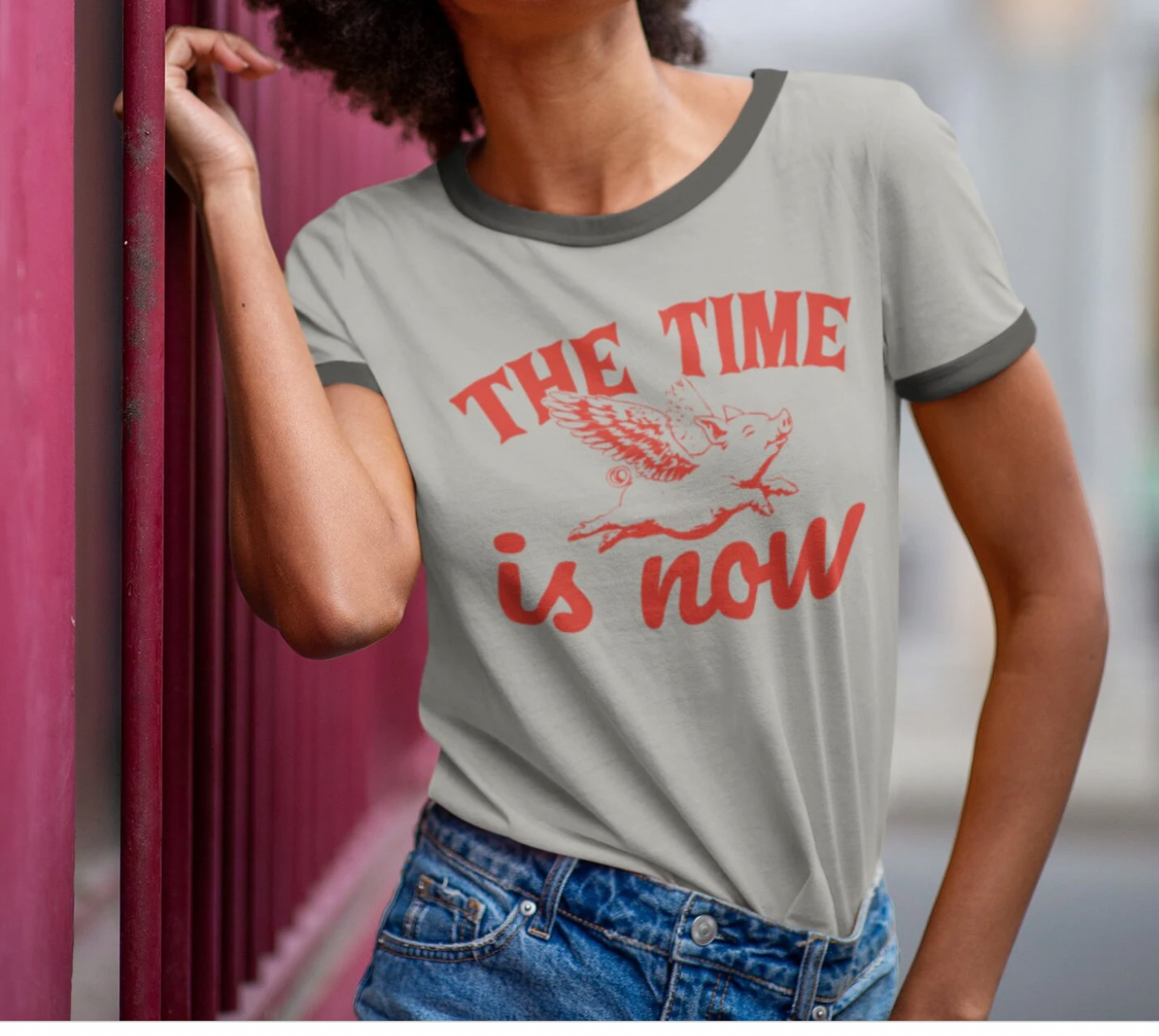 Vintage 'The Time is Now' Flying Pig Ringer T-Shirt - Limited Edition Colors