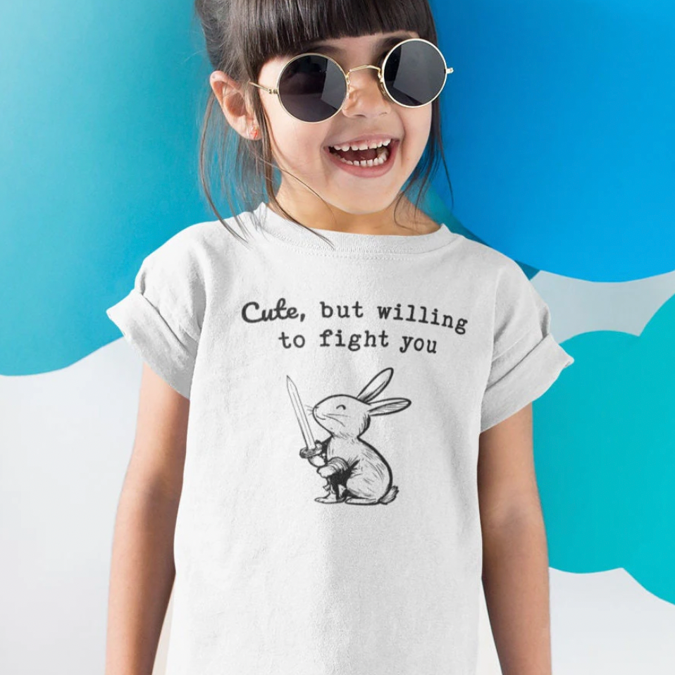 Kids Adorable Bunny with Attitude: Cute but Willing to Fight You Kids Cotton™ Tee in 7 Colors