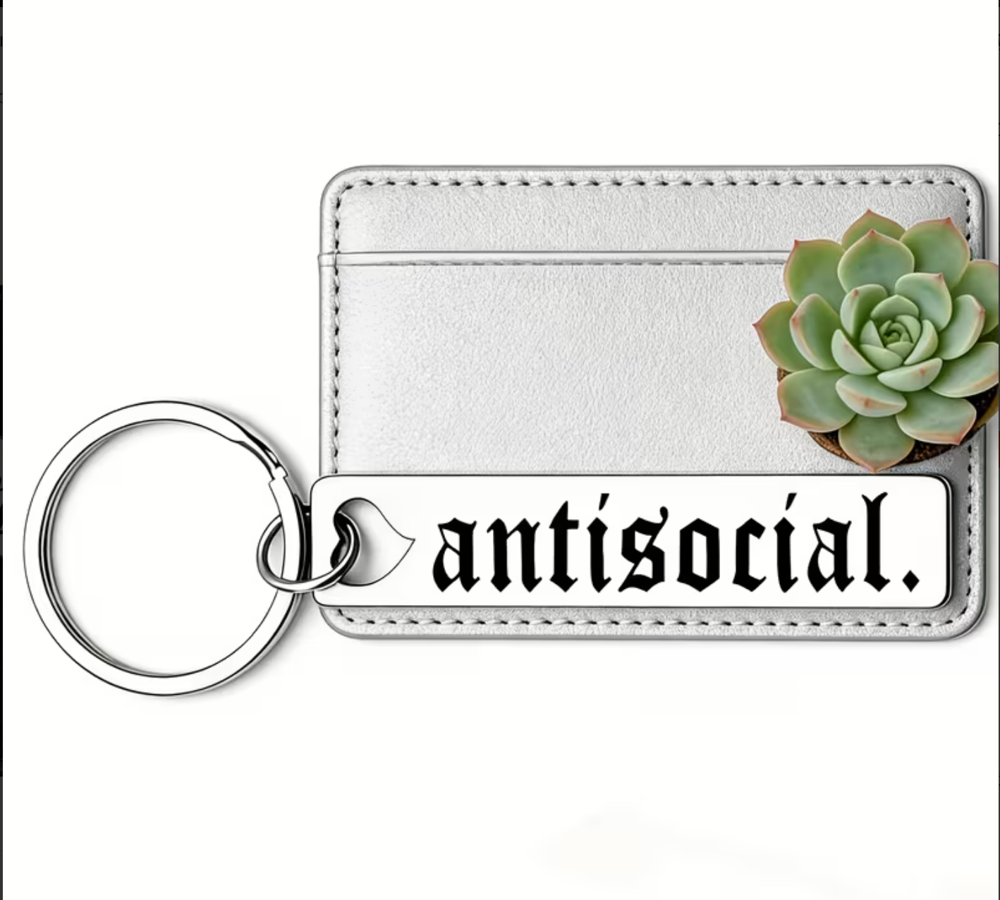 Keychain with 'antisocial' tag and succulent plant on a white background