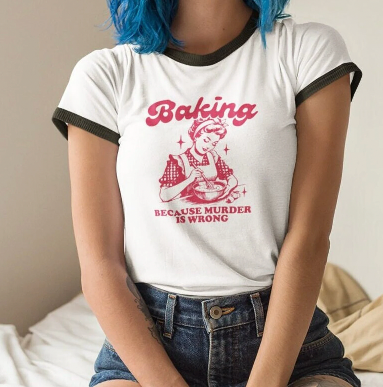 Baking Because Murder is Wrong-Vintage Brown Design Unisex Ringer T-Shirt