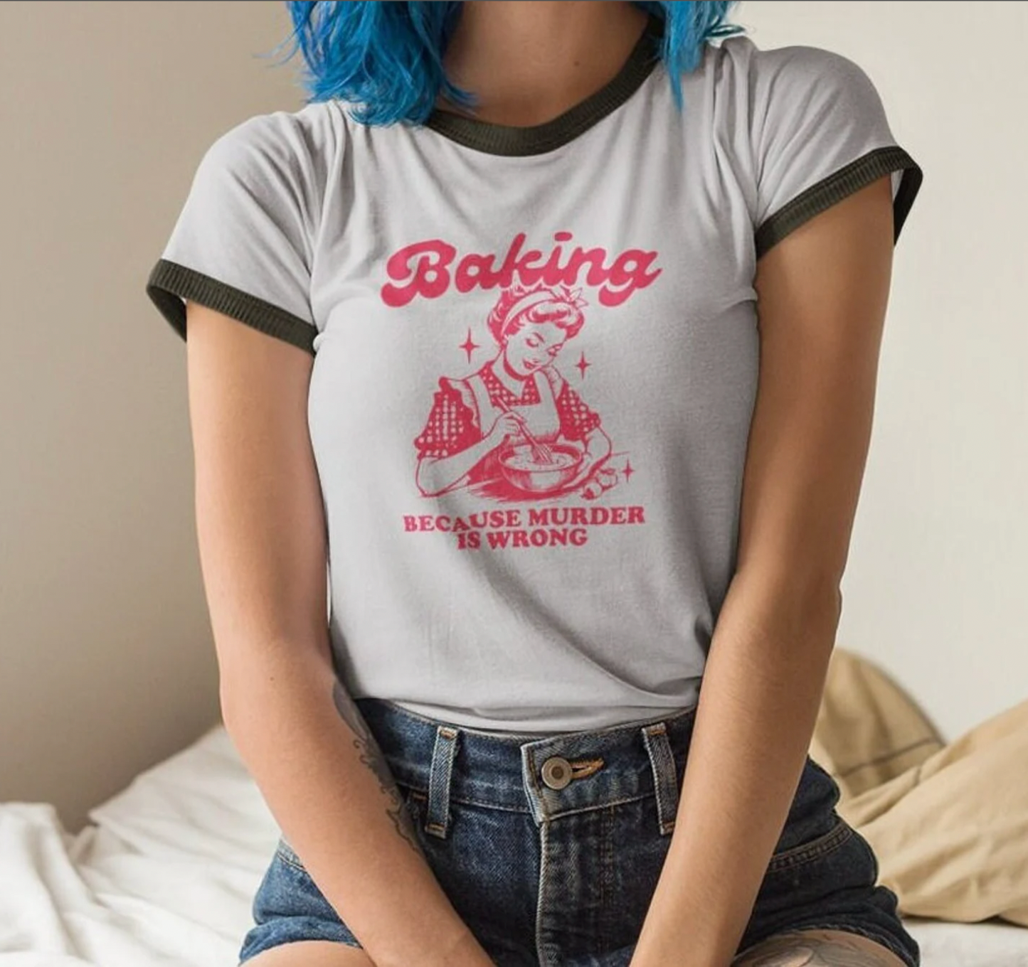 Baking Because Murder is Wrong-Vintage Brown Design Unisex Ringer T-Shirt