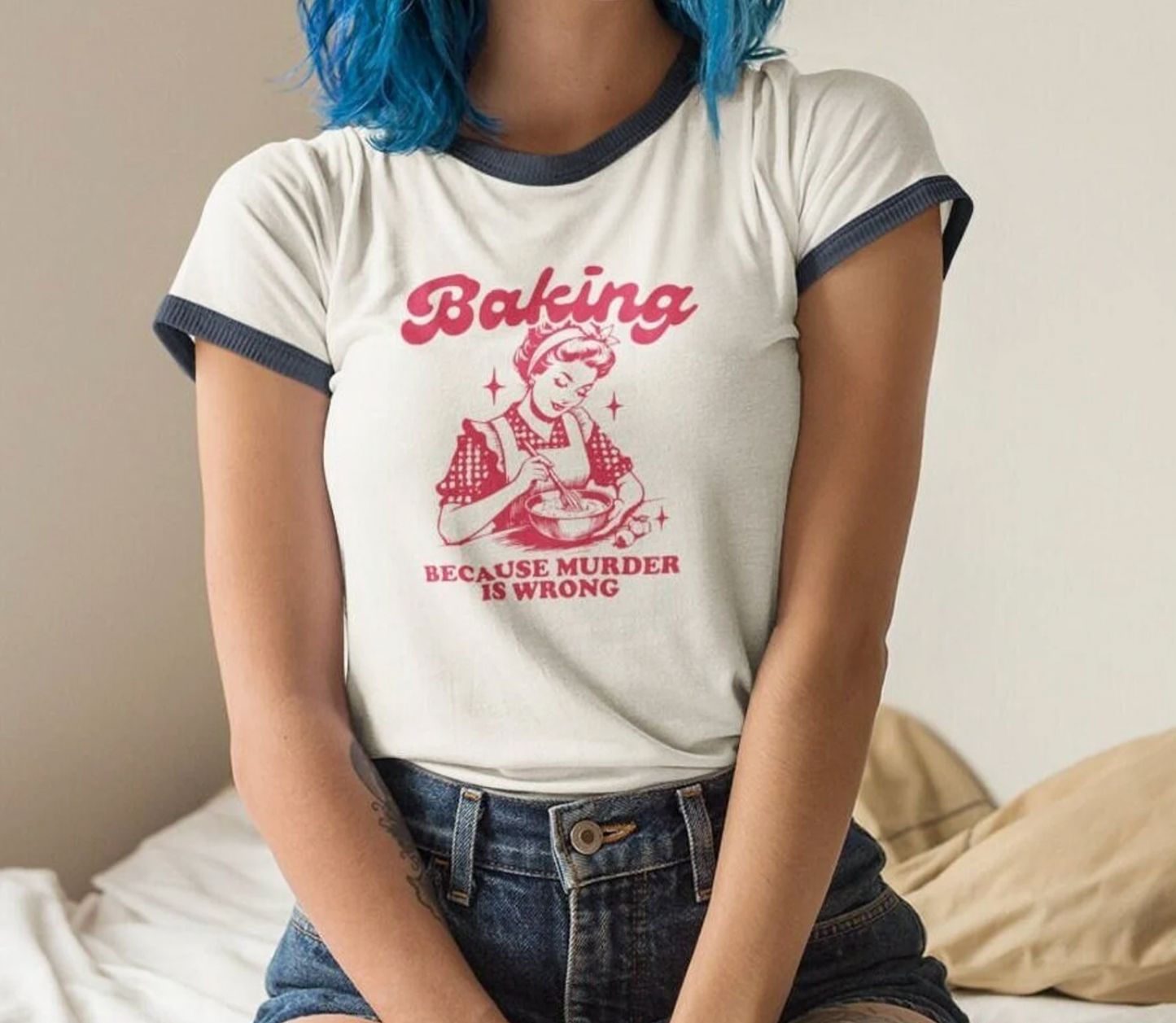 Baking Because Murder is Wrong-Vintage Brown Design Unisex Ringer T-Shirt