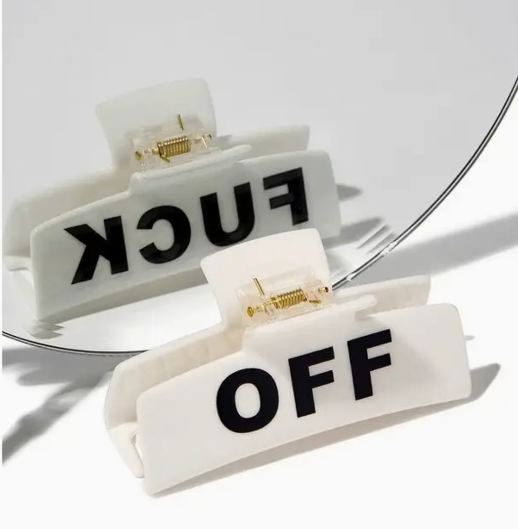 Bold Black F**k Off Hair Clip in Velvet Moon & Stars Jewelry Pouch – 3.8" Oversized Rectangle Claw