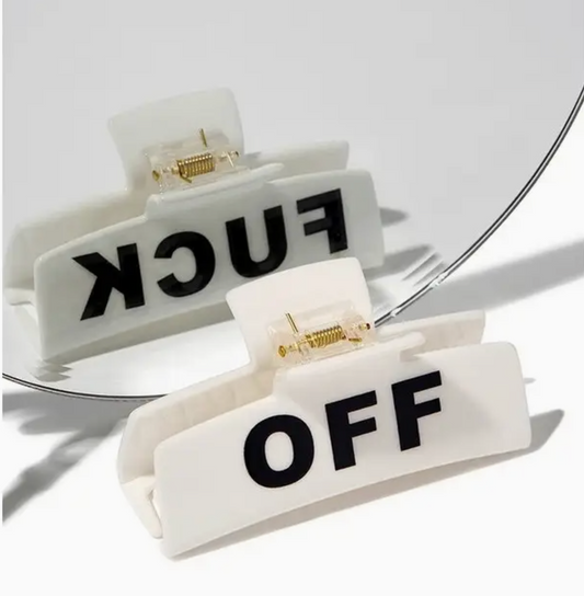 Bold Black F**k Off Hair Clip in Velvet Moon & Stars Jewelry Pouch – 3.8" Oversized Rectangle Claw