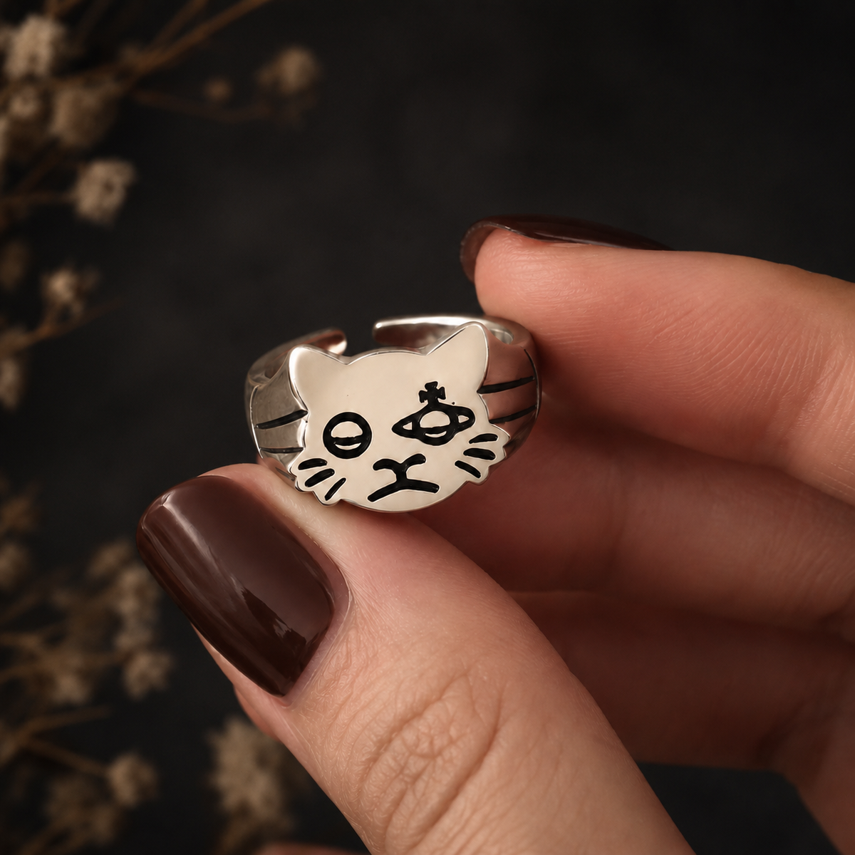 Adjustable Silver Space Cat Ring with Gift Packaging