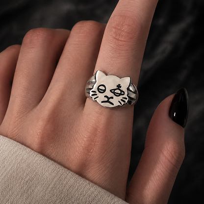 Adjustable Silver Space Cat Ring with Gift Packaging