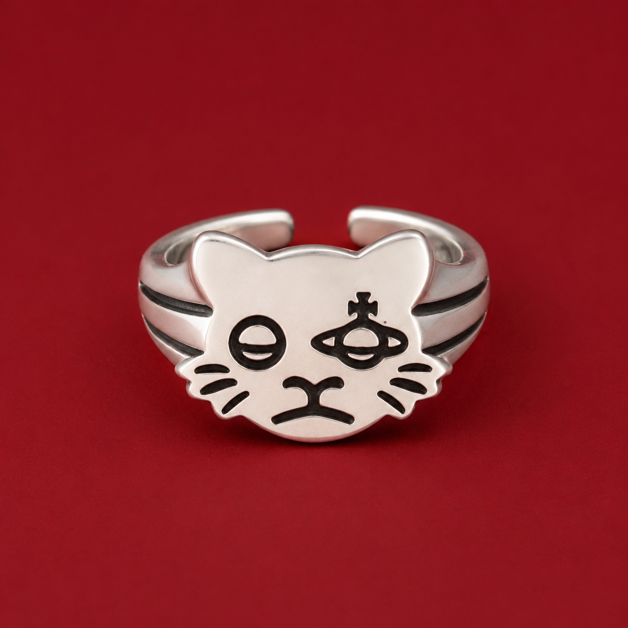Adjustable Silver Space Cat Ring with Gift Packaging