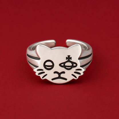 Adjustable Silver Space Cat Ring with Gift Packaging