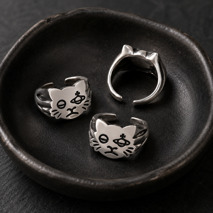 Adjustable Silver Space Cat Ring with Gift Packaging