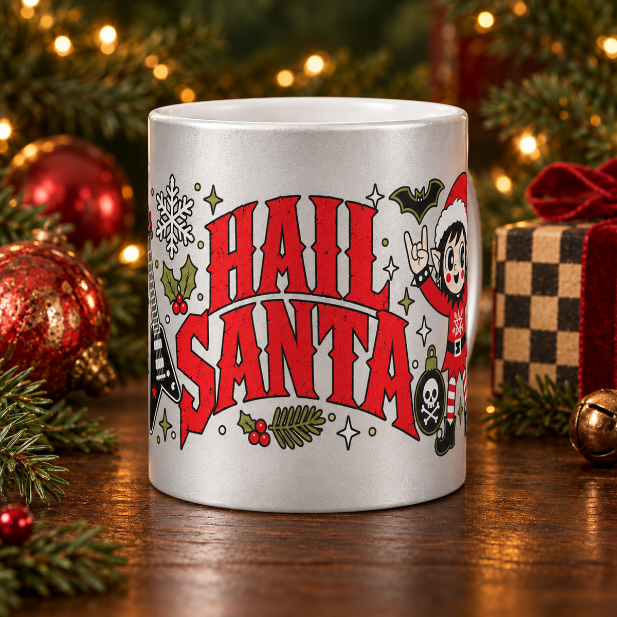 Silver Heavy Metal Santa Christmas 11 oz Cermaic Mug