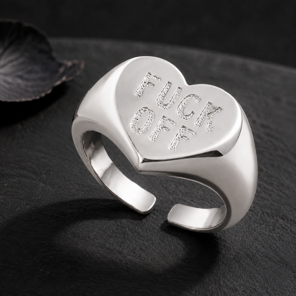 Adjustable Silver Fuck Off Heart Signet Ring Gift Bag & Ring Box included