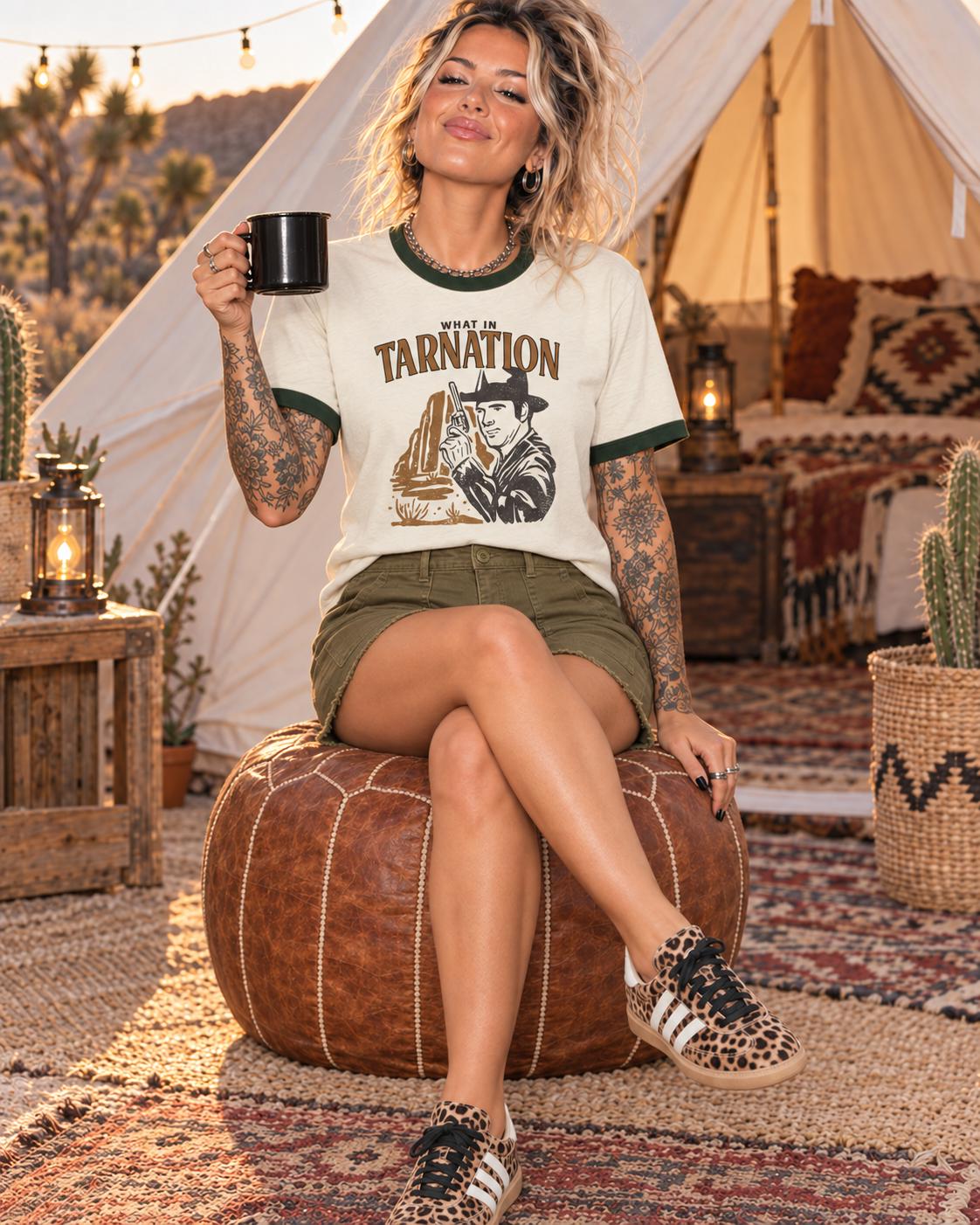 A woman sits on a brown leather pouf in a rustic outdoor campsite setting, wearing a cream ringer t-shirt with green trim and a 'TARNATION' graphic, olive green shorts, and leopard print sneakers.