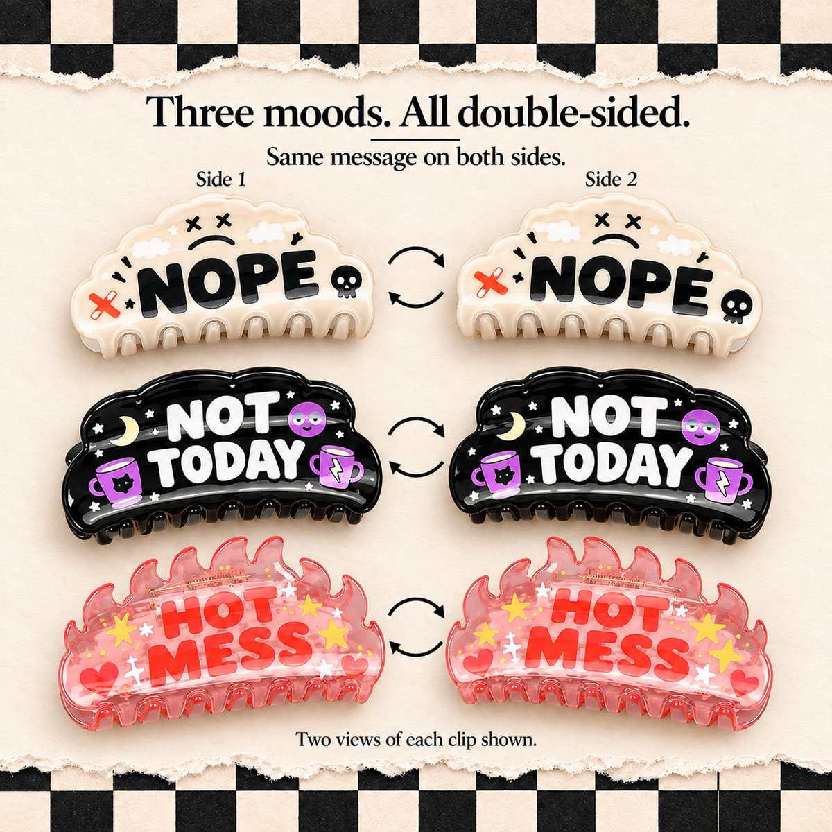 Funny Double-Sided Claw Hair Clips | NOPE, NOT TODAY & HOT MESS | Gift Packaging Included