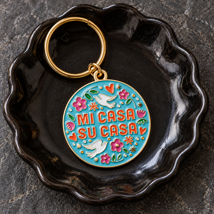 Mi Casa Su Casa Keychain, Turquoise Floral Keyring, Housewarming Gift