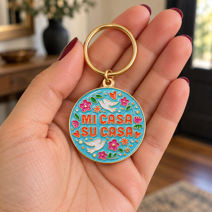 Mi Casa Su Casa Keychain, Turquoise Floral Keyring, Housewarming Gift