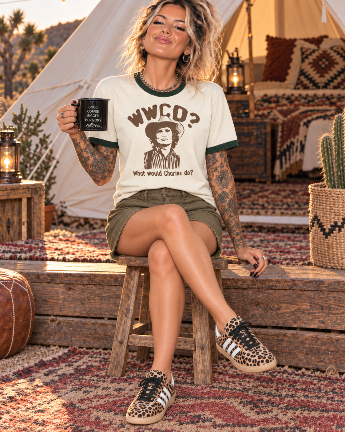 A woman sits on a wooden stool in a rustic campsite setting, wearing a cream ringer t-shirt with green trim and a brown graphic print that reads 'WWCO? What would Charles do?'. She is also wearing olive green shorts and leopard print sneakers.