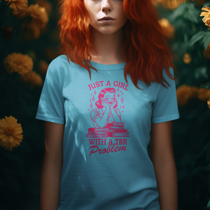 Vintage-Inspired Pink Line Drawing T-Shirt: Just a Girl with a TBR Problem Unisex Jersey Short Sleeve Tee