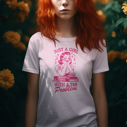 Vintage-Inspired Pink Line Drawing T-Shirt: Just a Girl with a TBR Problem Unisex Jersey Short Sleeve Tee