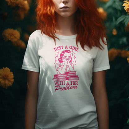 Vintage-Inspired Pink Line Drawing T-Shirt: Just a Girl with a TBR Problem Unisex Jersey Short Sleeve Tee