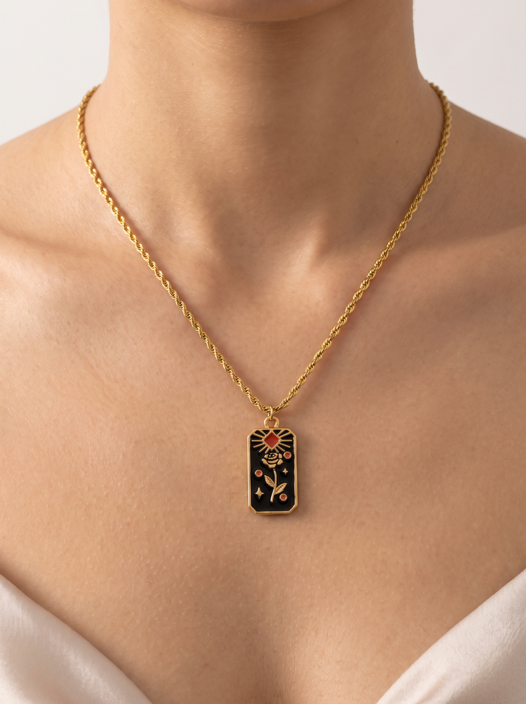 18K Gold Tarot Card Necklace | Waterproof Celestial Pendant Jewelry with Black Velvet Gift Bag