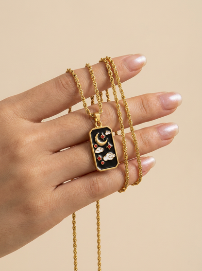 18K Gold Tarot Card Necklace | Waterproof Celestial Pendant Jewelry with Black Velvet Gift Bag