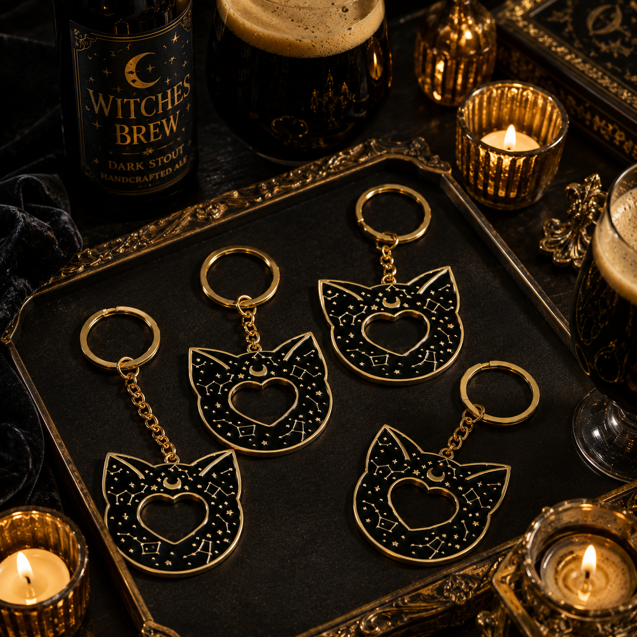Black Mystic Cat Bottle Opener Keychain