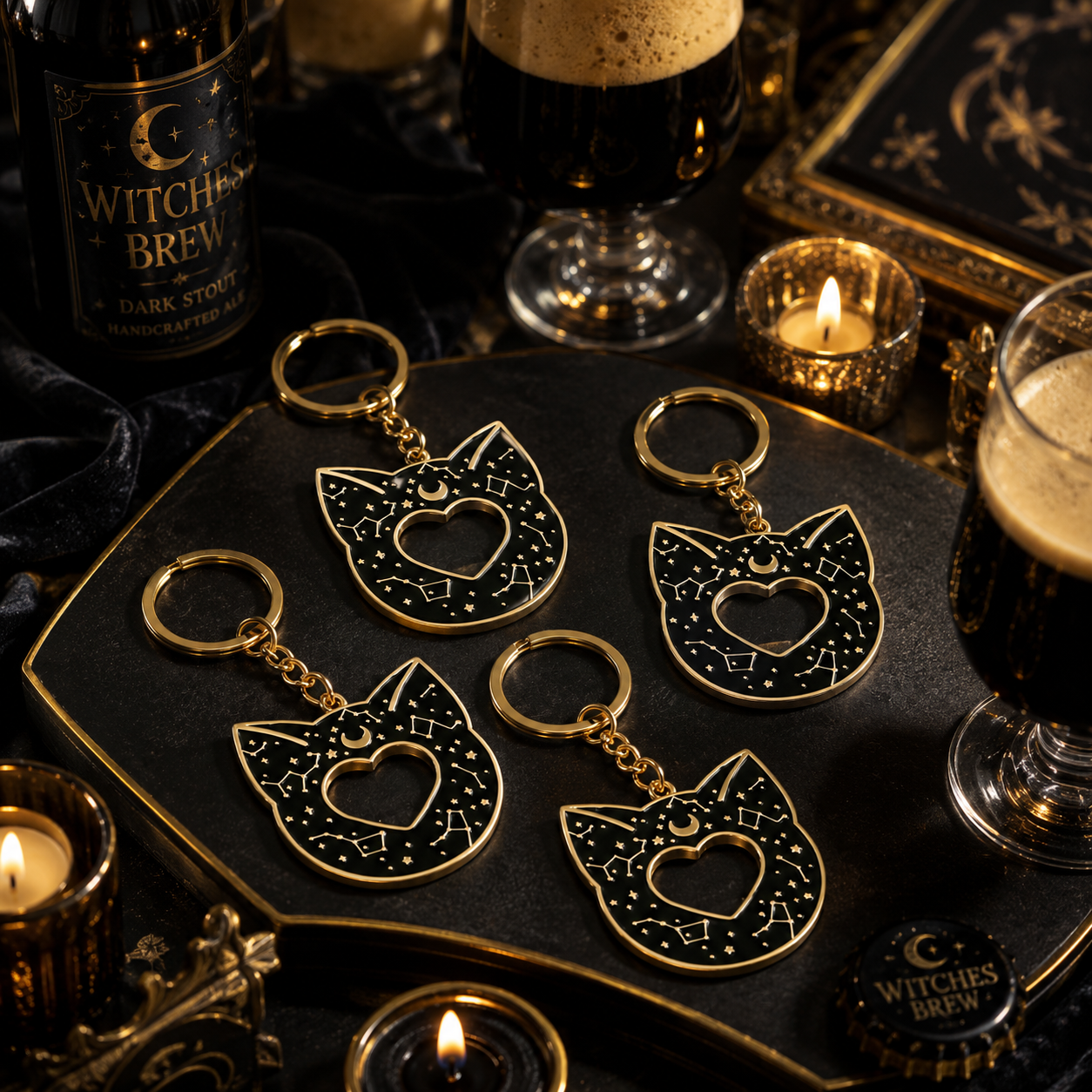 Black Mystic Cat Bottle Opener Keychain
