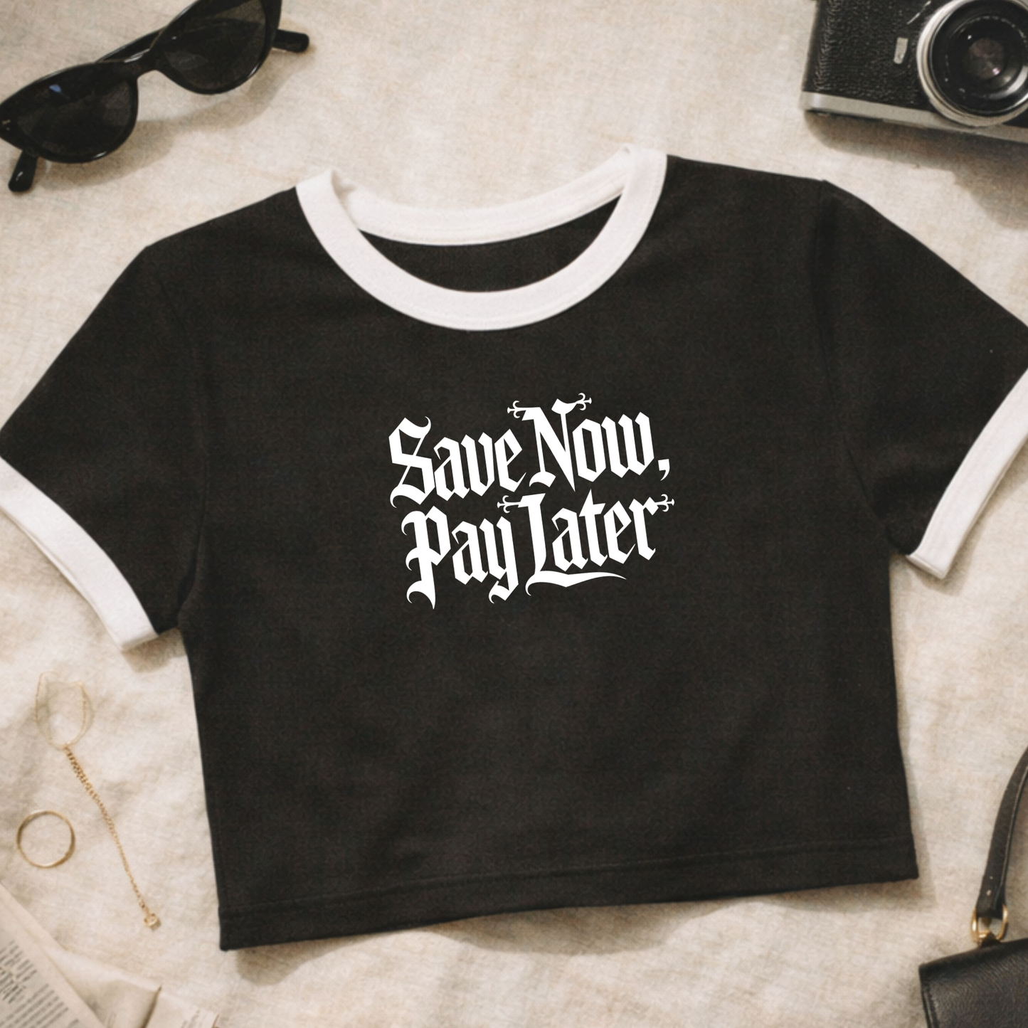 Save Now Pay Later Womens Cropped Ringer Tee