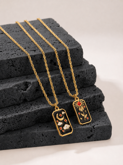 18K Gold Tarot Card Necklace | Waterproof Celestial Pendant Jewelry with Black Velvet Gift Bag