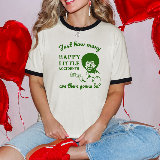 Bob Ross Happy Accident Inspired Next Level Ringer Unisex Cotton Tee in 3 Classic Colors