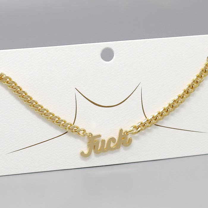 Gold Tone Script Necklace with Curb Chain | Edgy Statement Jewelry | Gift Packaging Included