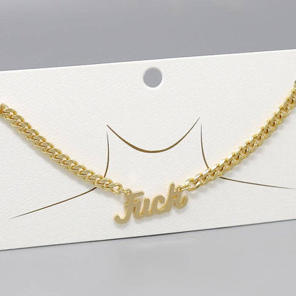 Gold Tone Script Necklace with Curb Chain | Edgy Statement Jewelry | Gift Packaging Included