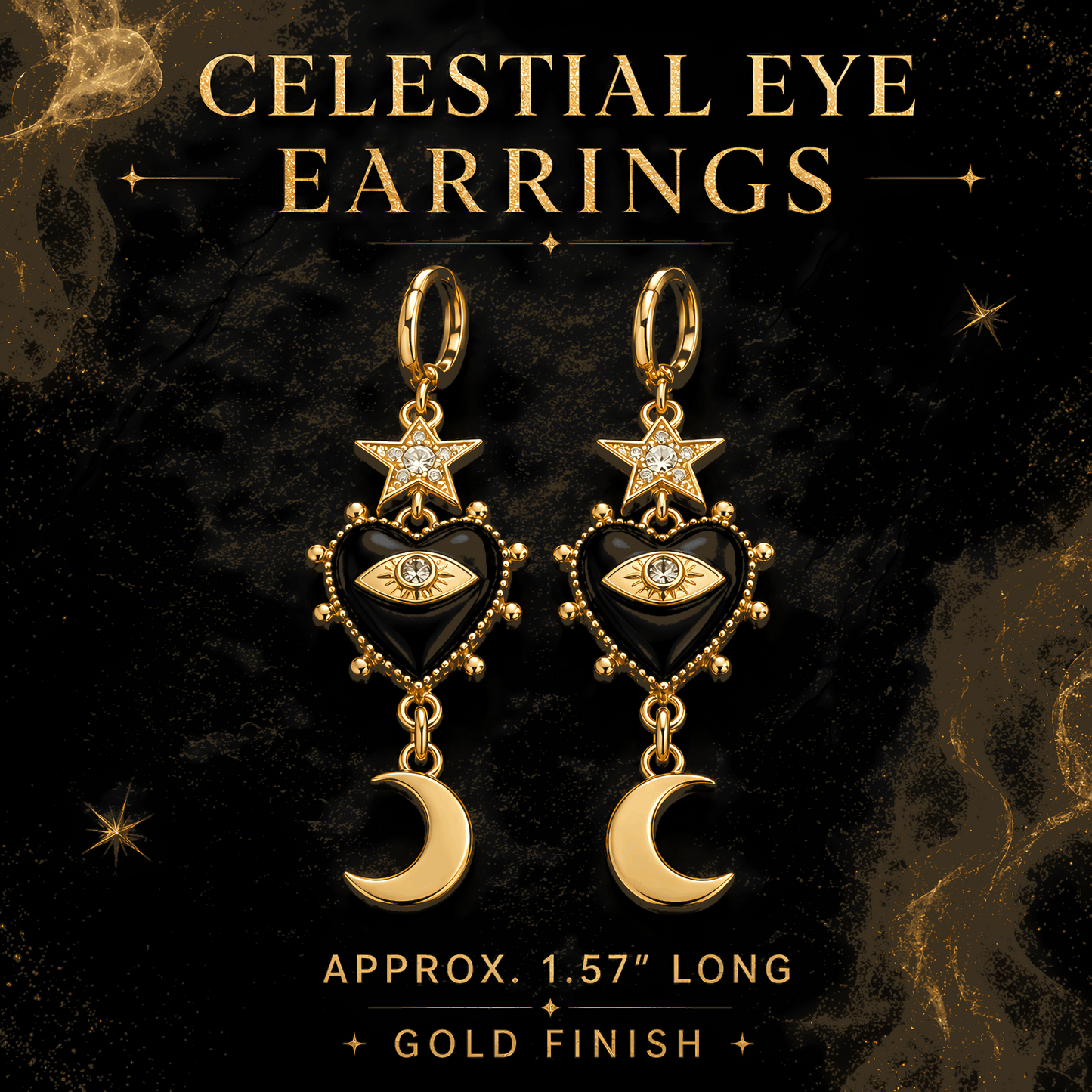 Evil Eye Jewelry Set, Gold Celestial Earrings & Heart Ring, Gothic Jewelry Bundle, Raven Charm Gift